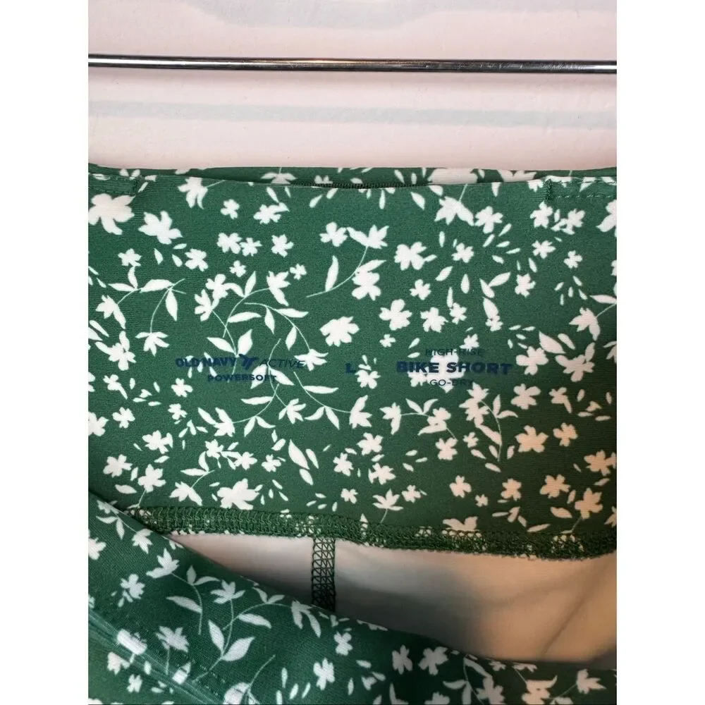 Old Navy Active Sz Large Floral Bike Shorts Green High Rise PowerSoft Athletic - Picture 3 of 7